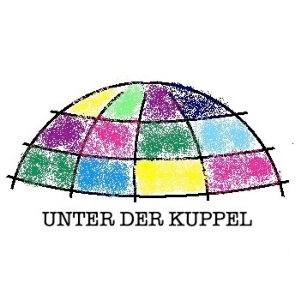 Bunte Version der Bundestagskuppel und die Worte "Unter der Kuppel"